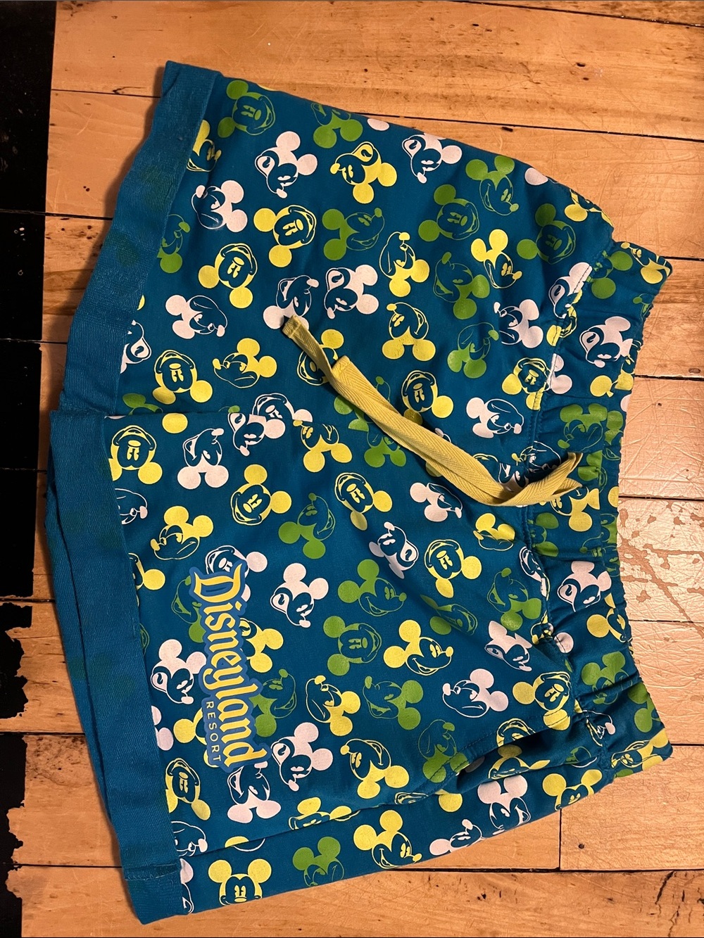 Disney Teal Mickey Mouse Pattern Shorts with Yellow Drawstring